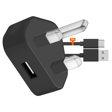 3 Pin UK 1A 12W Plug and 3M Extra Long Durable Nylon Braided USB C/Type C Cable compatible with Alcatel 3x 2019