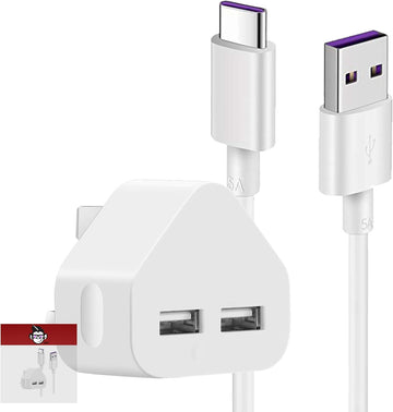 IWIO® 3 Pin UK Mains Plug Charger 2.1A with 1M USB 3.1 to 5A USB C Charging Cable