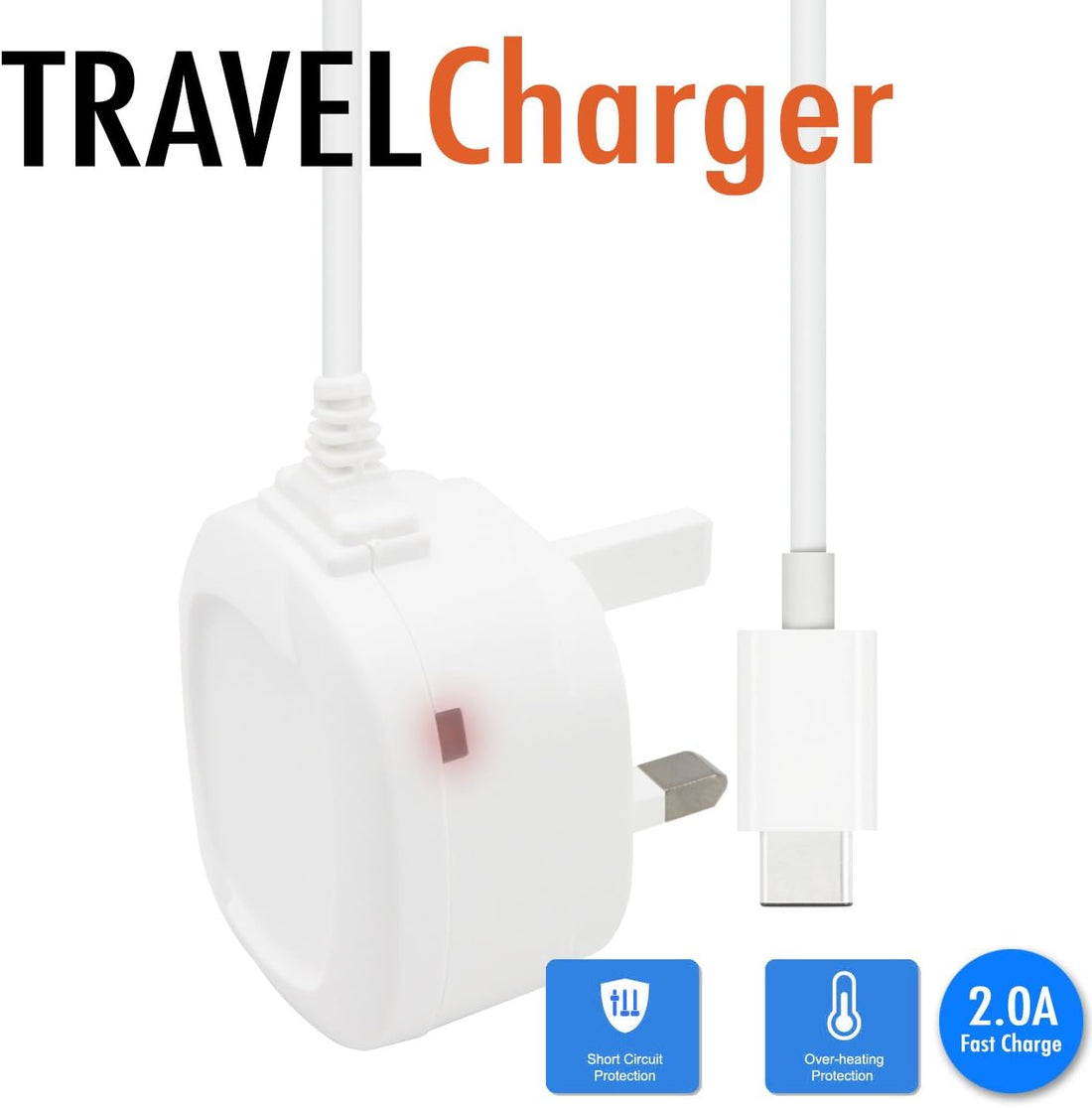 Mains Wall USB C Charger with LED Indicator 2 CE Approved 1m Cable 2A compatible with Xiaomi Mi 9 SE 2019 - WHITE