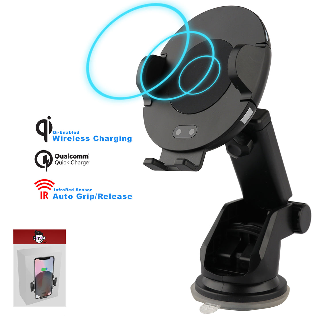 Wireless Car Charger – Auto-Clamping, Fast Charging, Infrared Sensor, 2-in-1 Dashboard Mount