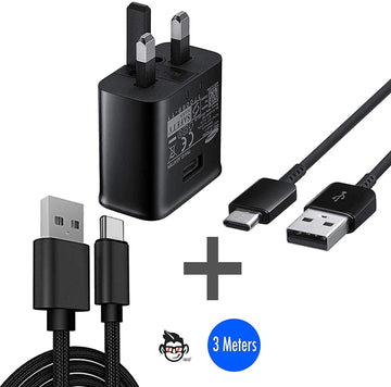Samsung Mains Charger With USB-C Cable & IWIO® 3m Braided Nylon USB-C Cable